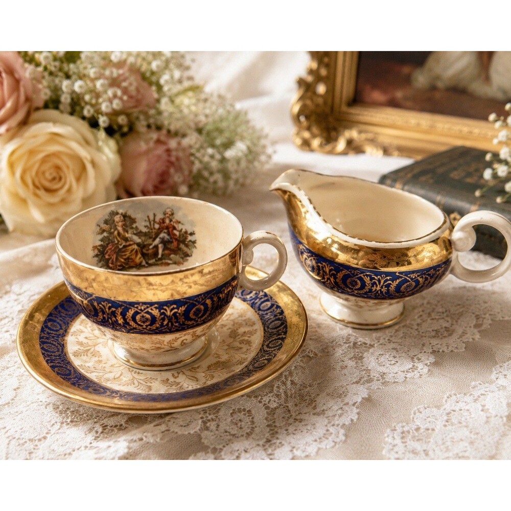 Vintage Taylor Smith Taylor 22K Gold Cobalt Blue Tea Cup Saucer Creamer Set USA